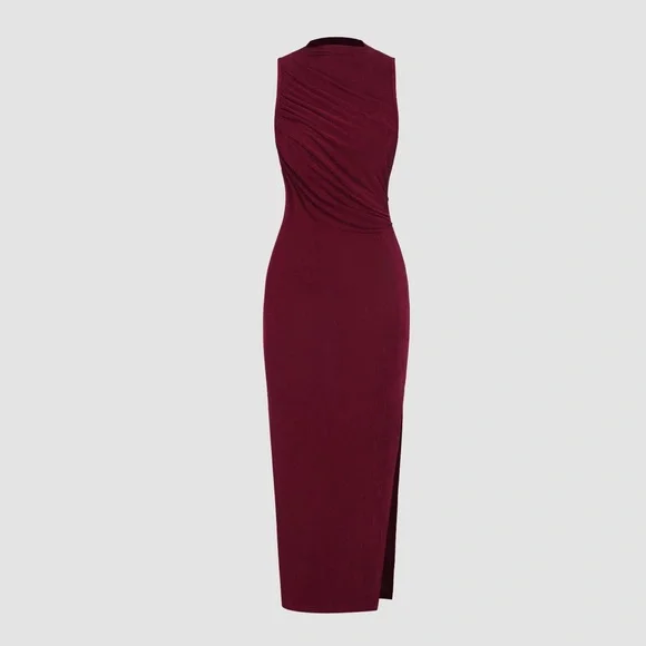 BURGUNDY HIGH NECK SPLIT MAXI DRESS - Picture 3 of 3